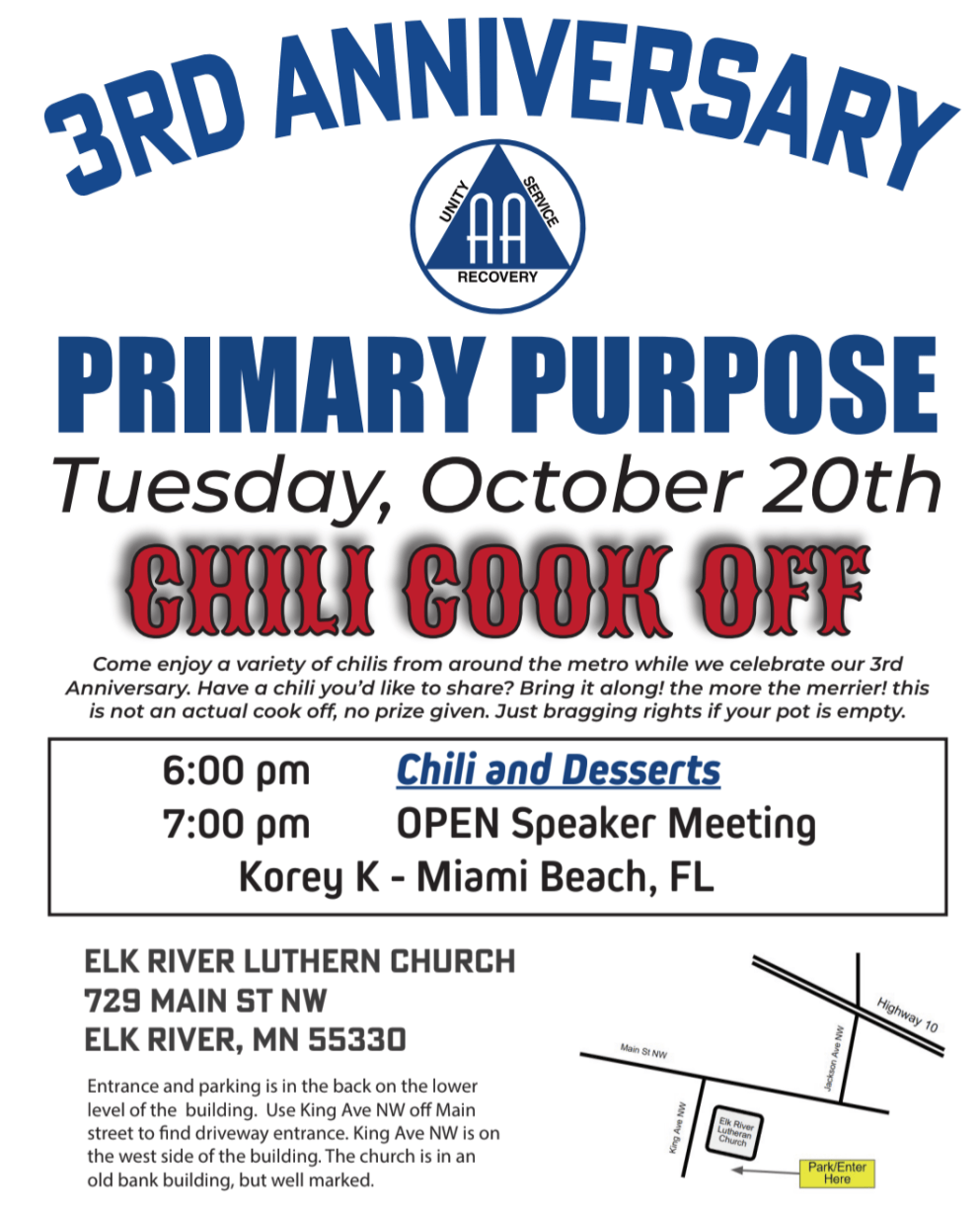 10/20/2026 – Primary Purpose Group – 3rd Anniversary Chili&nbsp;Cook-Off